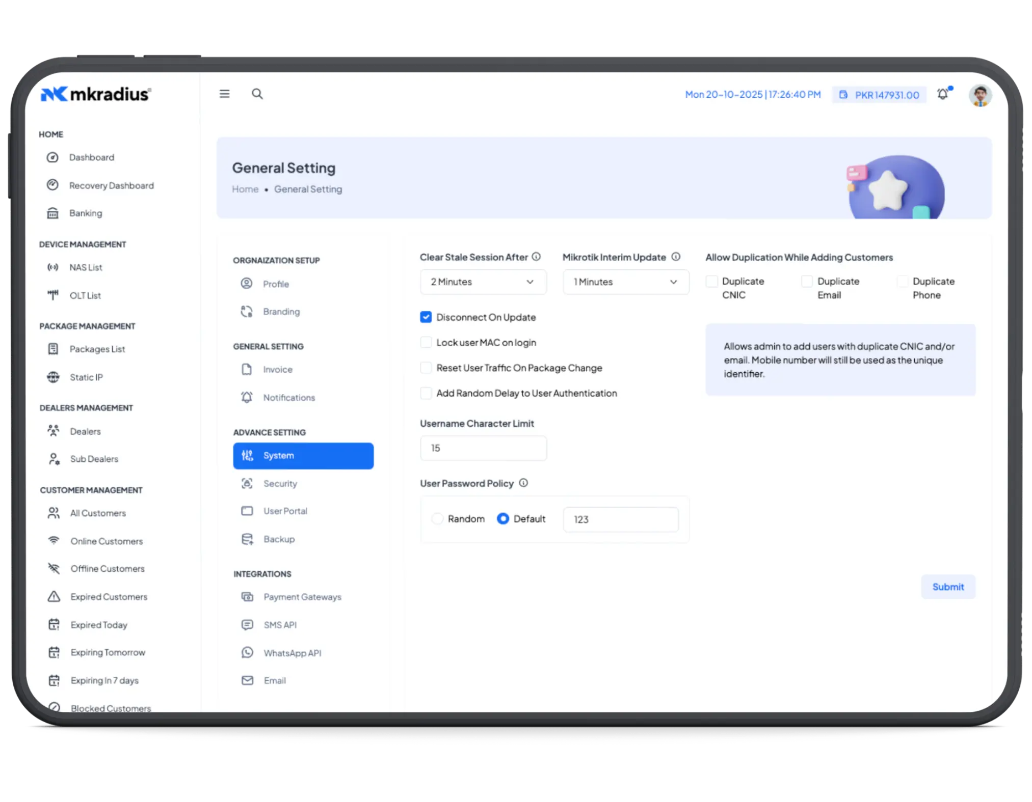advance setting in mkradius billing system